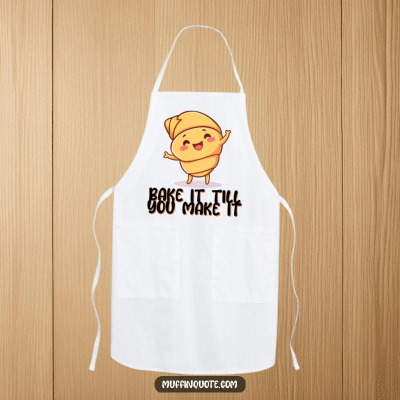 Funny croissant apron depicting a happy, jigging pastry, ideal for kitchen fun and protecting clothes with humor.