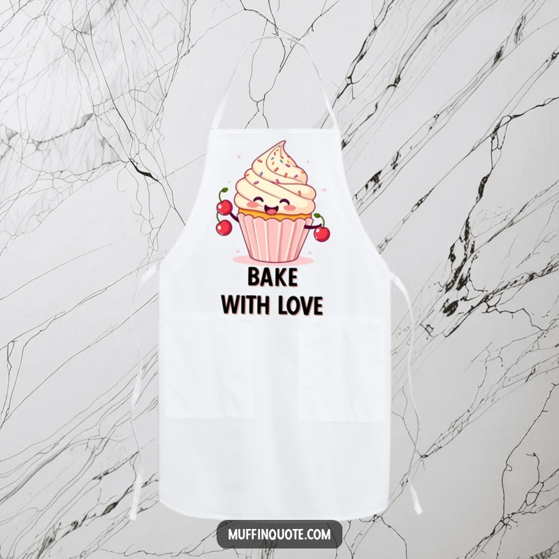 Funny cupcake apron with a smiling character juggling cherries and sprinkles, ideal for a fun kitchen.