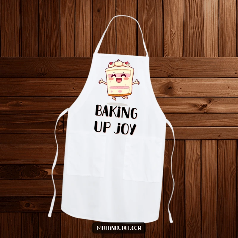 Funny apron showing a happy slice of cake character leaping with joy, perfect for celebratory baking sessions.