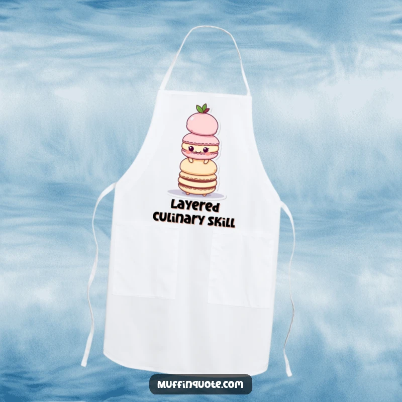 Funny Apron: A playful macaroon character happily builds a towering stack of colorful delights.