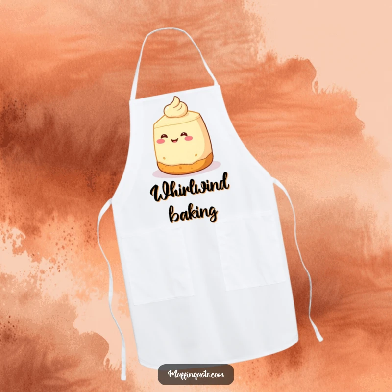 Funny Apron: A smiling cheesecake with a crust base performs a joyful spin, perfect for adding a fun and humorous touch to kitchen activities.
