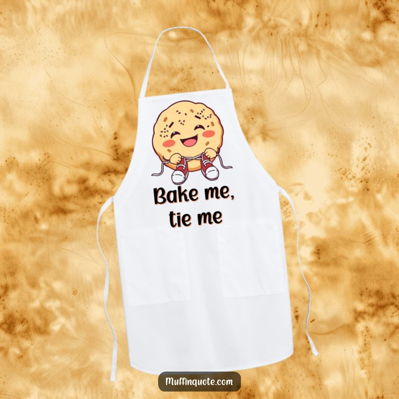 Funny cookie apron showing a grinning cookie with sprinkle freckles comically trying to tie shoelaces, for kitchen humor.
