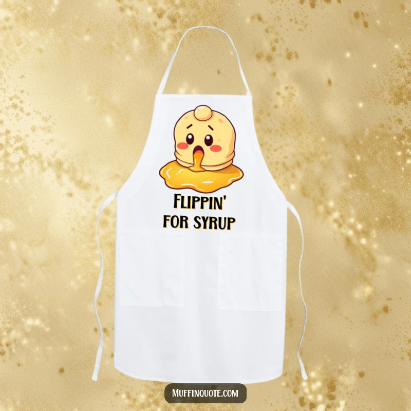 Funny pancake apron with a surprised character looking gleefully at syrup, perfect for cooks who love breakfast humor.