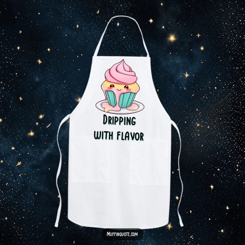 Funny cupcake apron showing a character with frosting dripping, ideal for humorous and sweet kitchen activities.