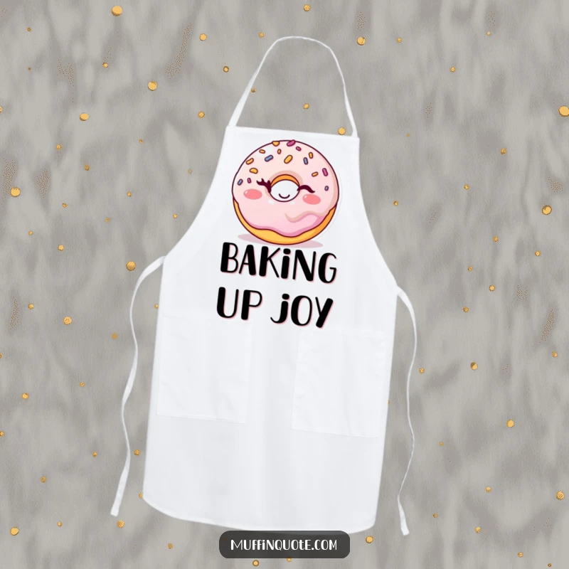 Funny winking donut apron with a cheerful sprinkles character, perfect for playful chefs and adding humor to cooking.