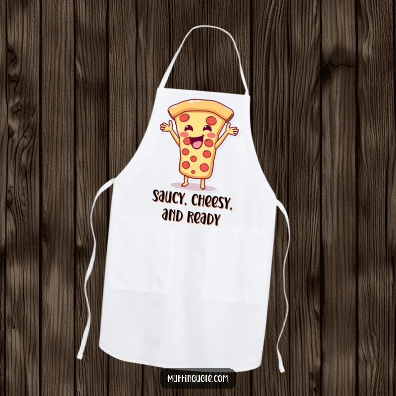 Funny Pizza Slice Apron showing a happy character stretching cheese, perfect for chefs and as a humorous funny gift.