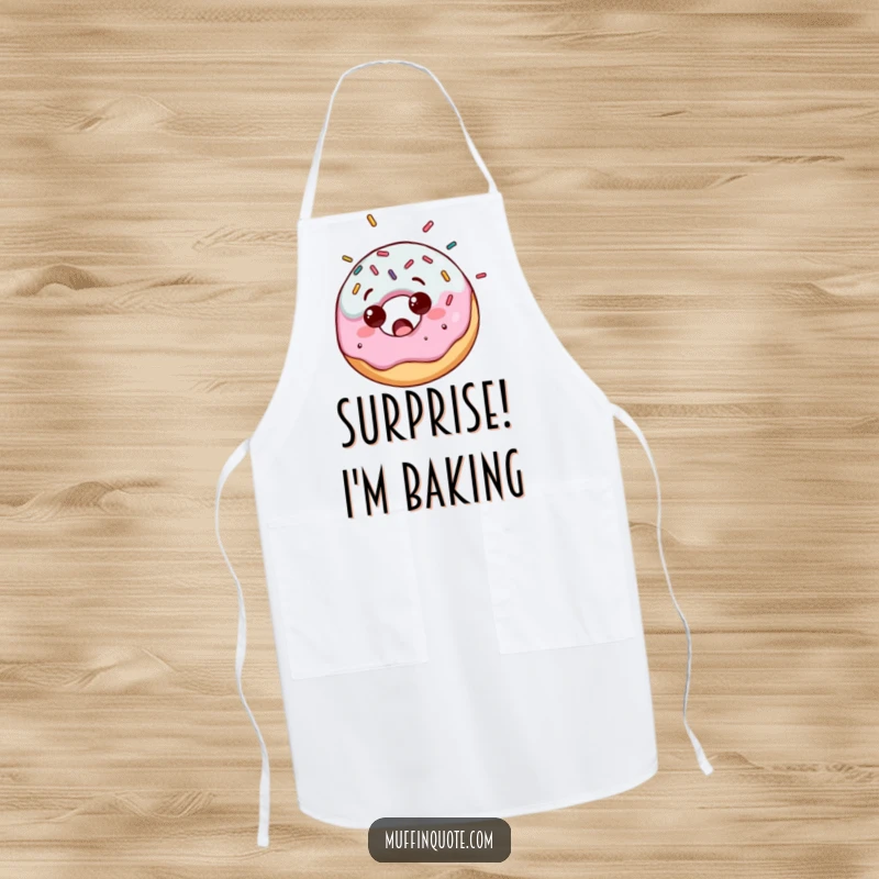 Funny apron showing a cute donut character with a look of surprise as colorful sprinkles fall upon it, ready for baking.