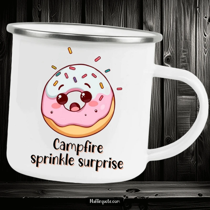Funny camping mug featuring a cute donut character looking surprised as it's showered with colorful sprinkles, perfect for outdoor treats.