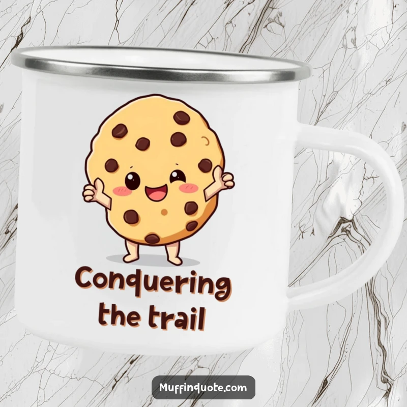 Funny Camping Mug: A giggling chocolate chip cookie character striking a heroic pose, perfect for enjoying drinks outdoors.