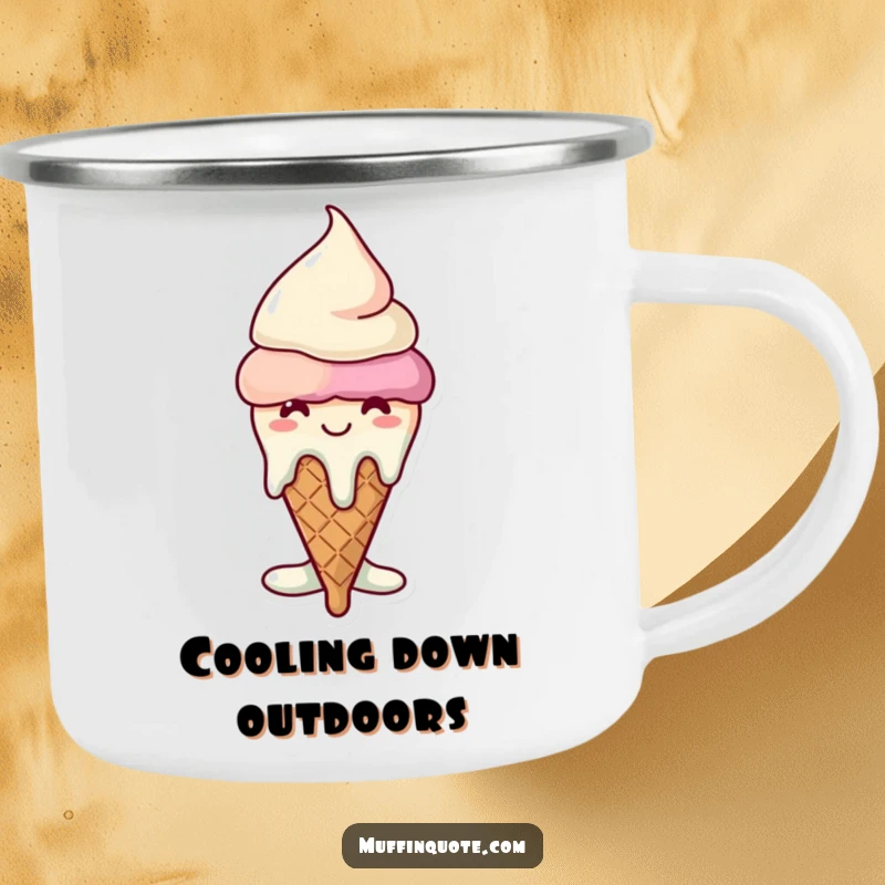 Funny melting ice cream cone enamel camping mug, a happy character enjoying the melt, rugged and portable.