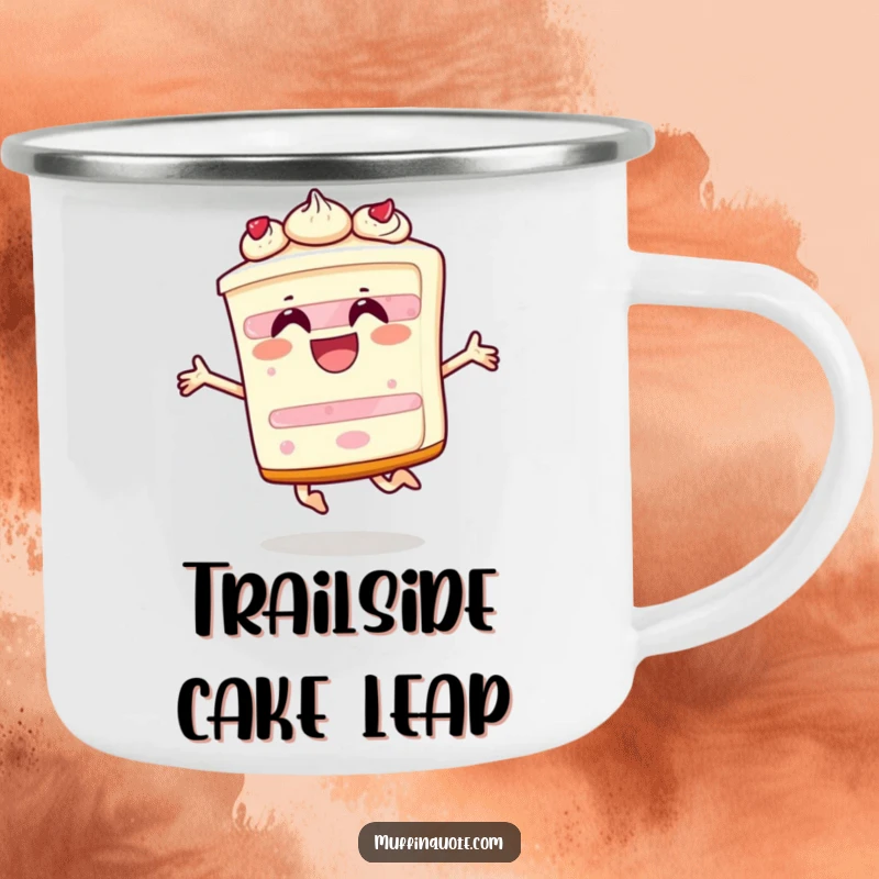Funny camping mug featuring a happy slice of cake character leaping with joy, perfect for outdoor celebrations.