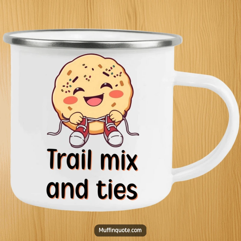 Funny cookie camping mug with a grinning cookie, sprinkle freckles, and shoelace struggle, durable for adventures.