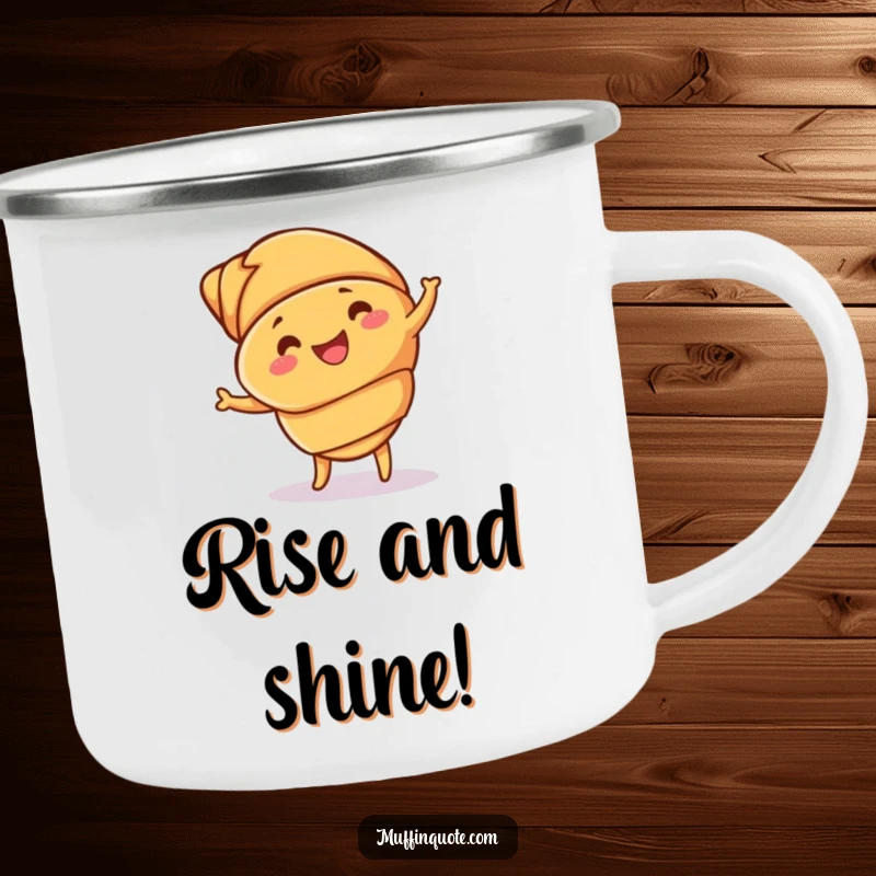 Funny croissant camping mug showcasing a happy, dancing pastry, durable for adventures with buttery humor.