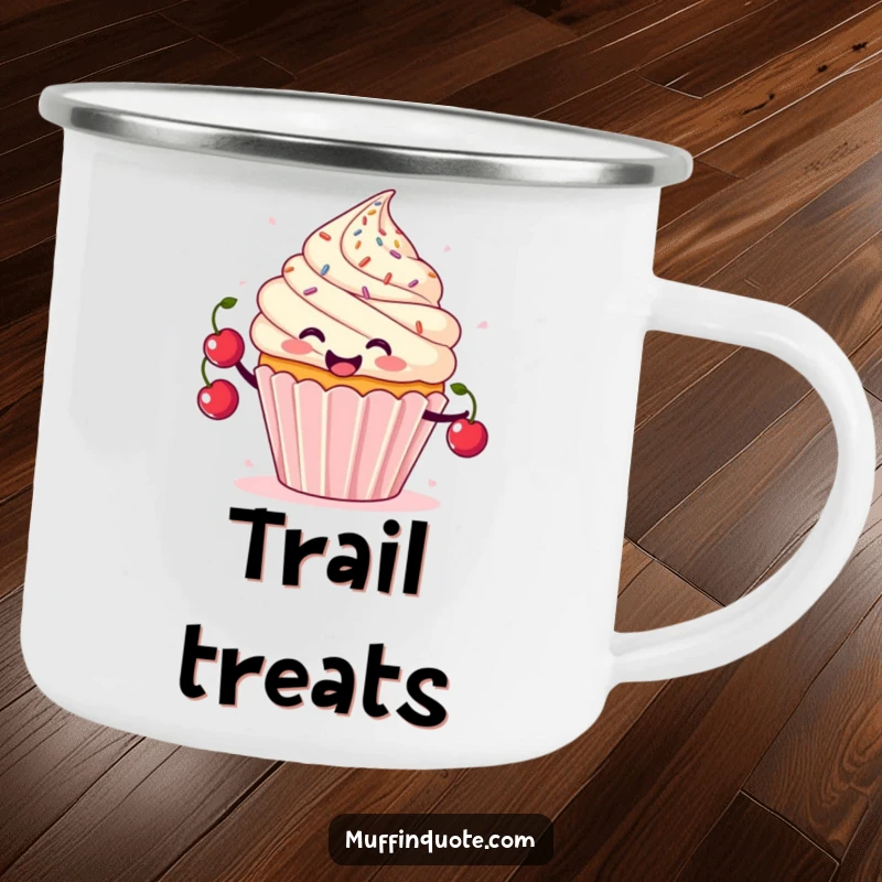 Funny cupcake camping mug with a juggling character and flying sprinkles, for outdoor sweet fun.