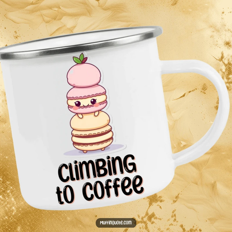 Funny Camping Mug: A playful macaroon character builds a tall tower of treats, ready for adventure.