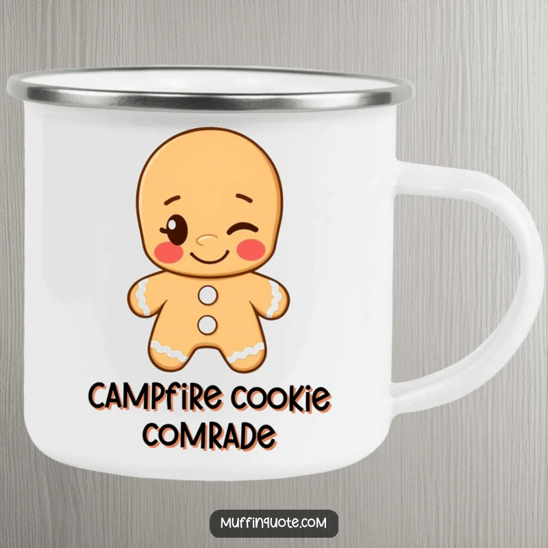 Funny camping mug featuring a grinning gingerbread man winking cheekily, perfect for outdoor enthusiasts who enjoy a touch of sweet humor.