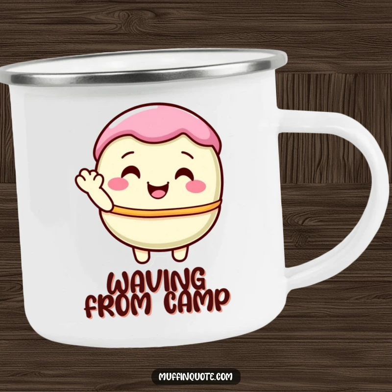 Funny, pastel macaron character shyly waving, printed on a durable camping mug for sweet outdoor enjoyment.