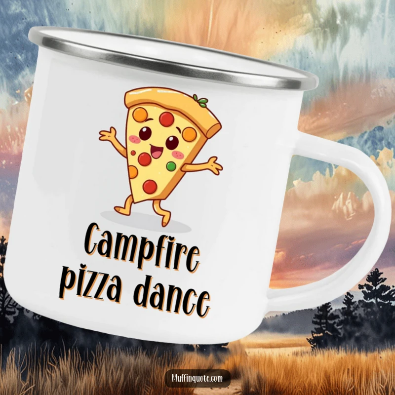 Funny pizza slice character with dancing toppings performing a jig, a durable and humorous camping mug.