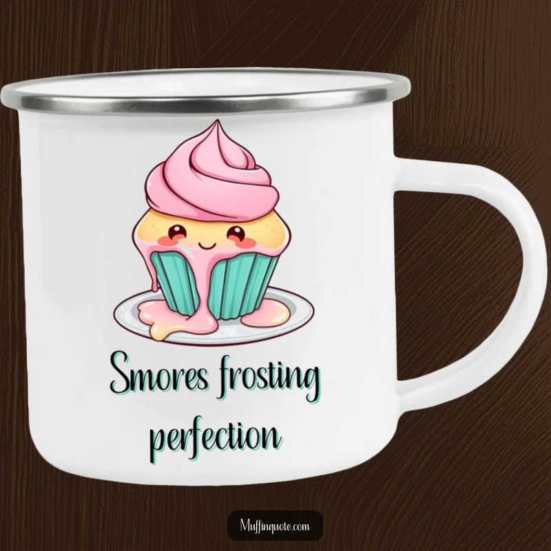 Funny cupcake camping mug with a playful character and dripping frosting, durable and humorous for outdoor enjoyment.