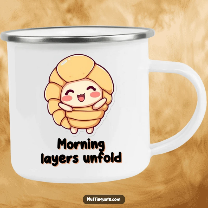 Funny Camping Mug: A delighted croissant character unfurls its layers, ready for outdoor enjoyment.