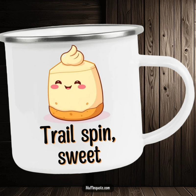 Funny Camping Mug: A smiling cheesecake with a crust base performs a joyful spin, perfect for enjoying drinks during outdoor adventures.