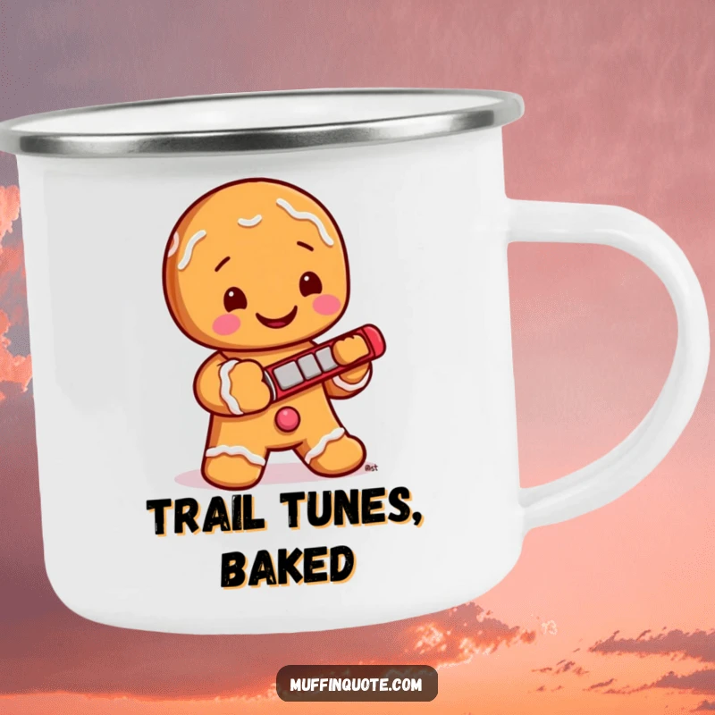 Funny Camping Mug: A jolly gingerbread man with icing buttons plays a tiny harmonica, ideal for enjoying drinks by the campfire.