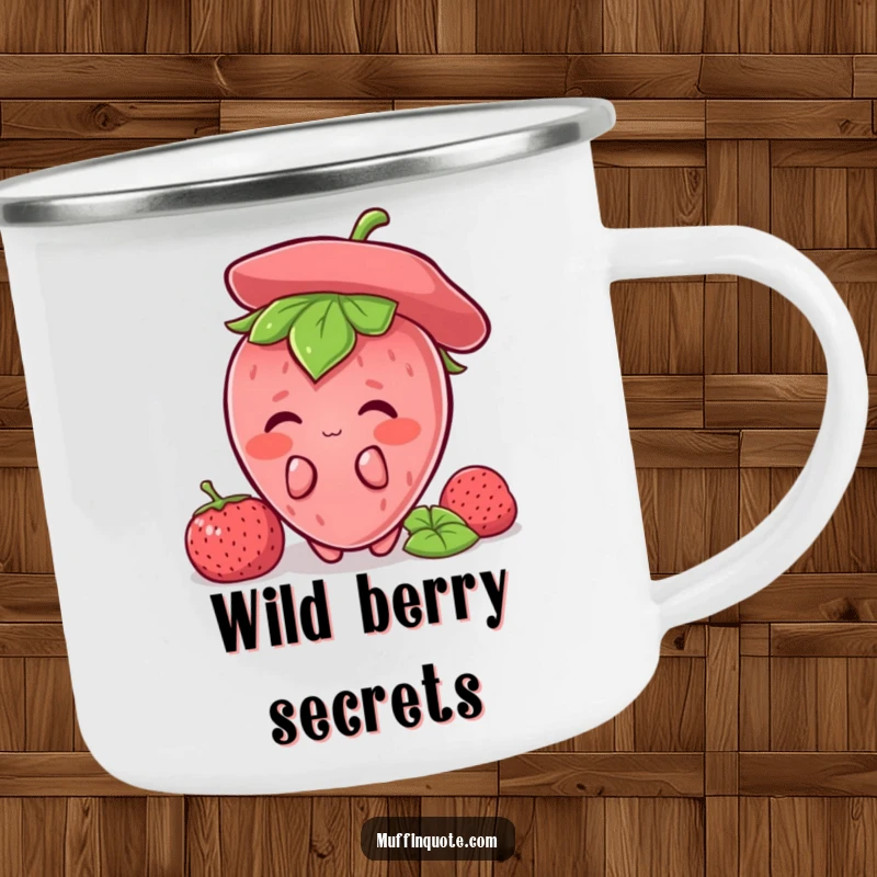 Funny Strawberry Shy Camping Mug showing a blushing strawberry character hiding, perfect for outdoor enthusiasts and as a funny gift.