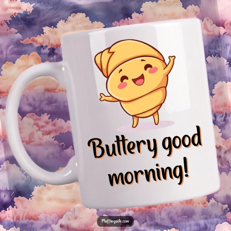 Funny croissant mug featuring a cheerful pastry dancing with visible buttery layers, spreading joy and deliciousness.