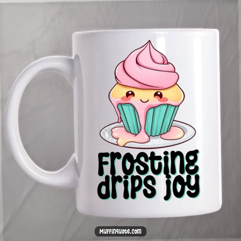 Funny cupcake mug with frosting playfully dripping onto a plate, capturing a moment of sweet indulgence.