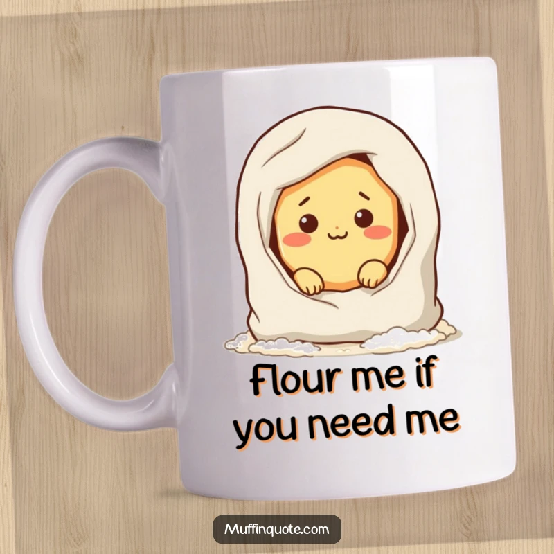 Funny mug featuring a mischievous bread roll character peeking out from a flour bag, embodying stealthy carb-loving humor.