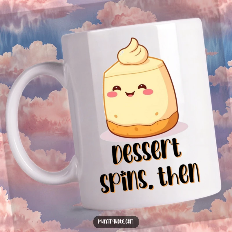 Funny Mug: A smiling cheesecake character with a crust base executes a joyful little spin, radiating happiness and dessert delight.