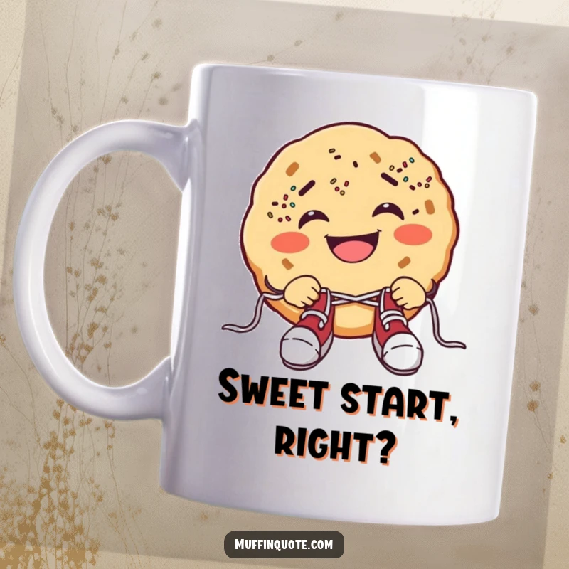 Funny cookie mug showing a grinning cookie with sprinkle freckles comically failing to tie its shoelaces, bringing sweet humor.