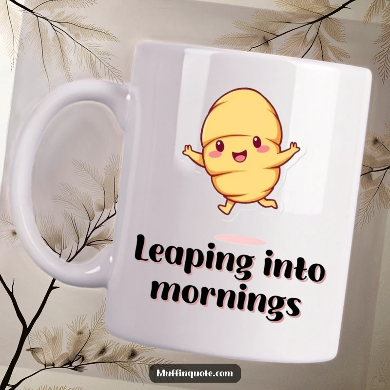 Funny cheerful croissant character performing an energetic bouncy leap, a humorous mug for pastry lovers.