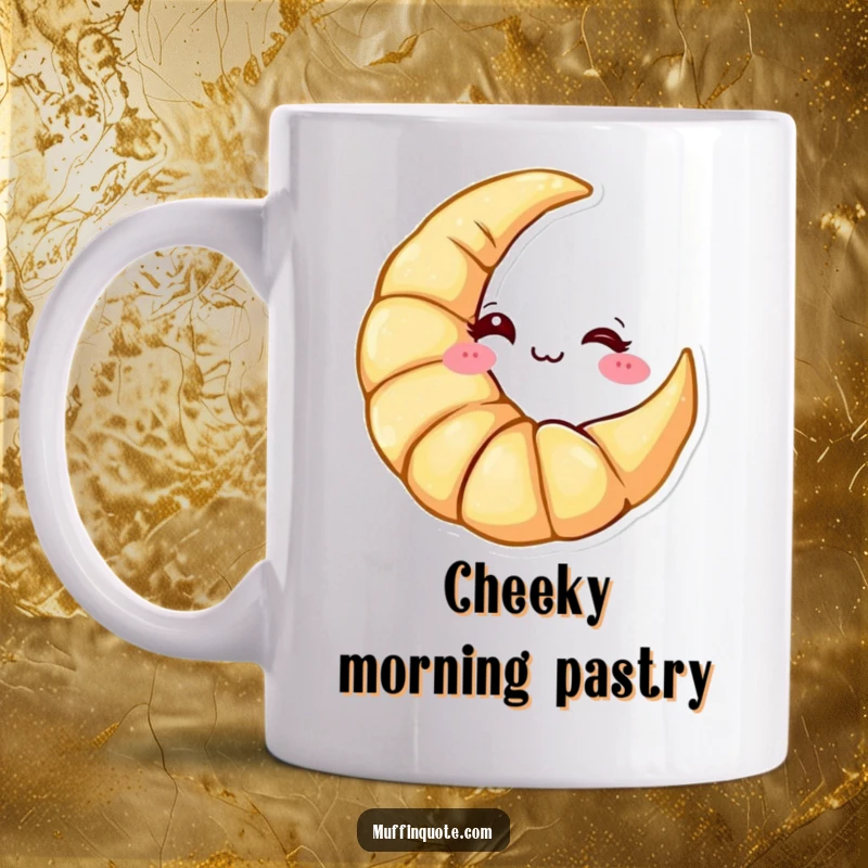 Funny Mug: A playful croissant character shaped like a crescent moon winking cheekily, radiating morning fun.