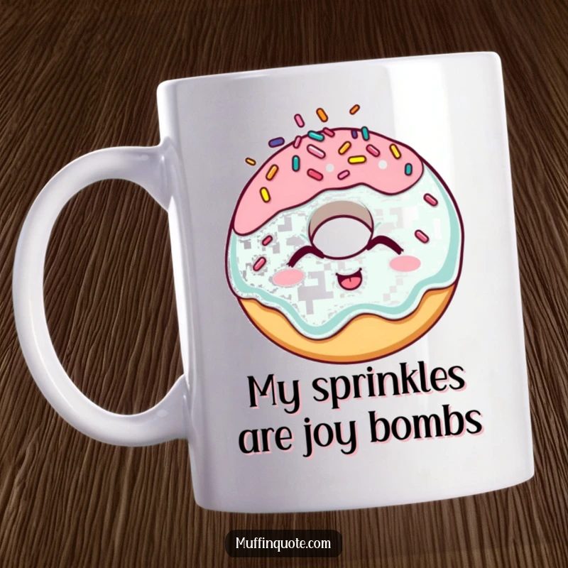 Funny donut mug with sprinkles bouncing off its head, conveying pure sugary delight and infectious giggles.