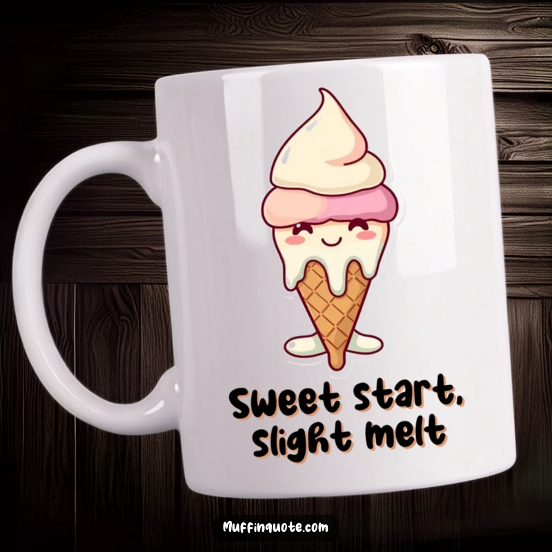 Funny melting ice cream cone mug with a big grin, spreading joy and sweetness, a perfect gift for dessert lovers.