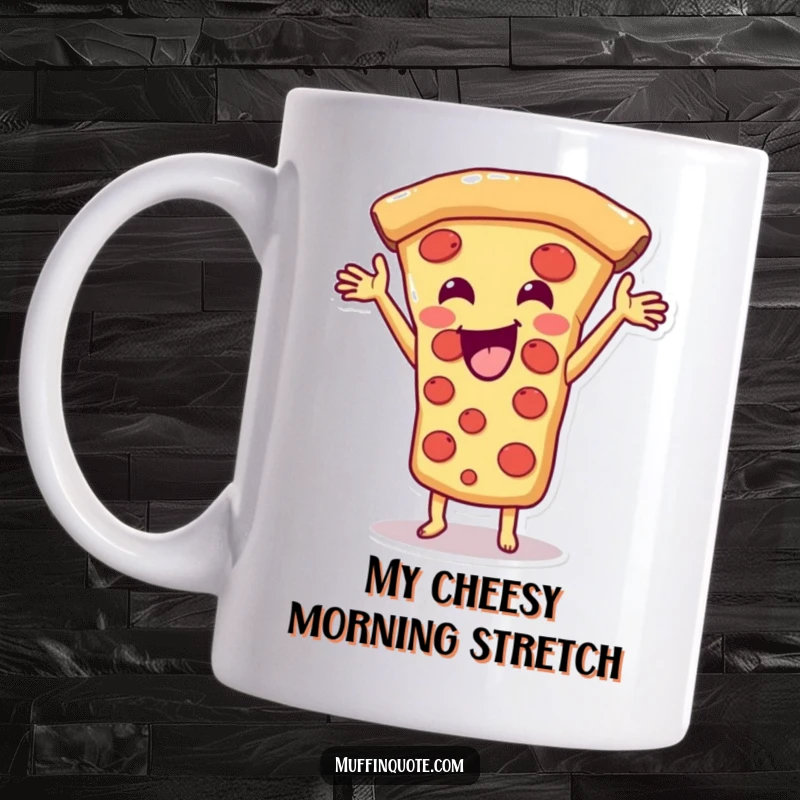 Funny Pizza Slice Mug showing a happy character stretching gooey cheese, perfect for pizza enthusiasts and lovers of funny gifts.