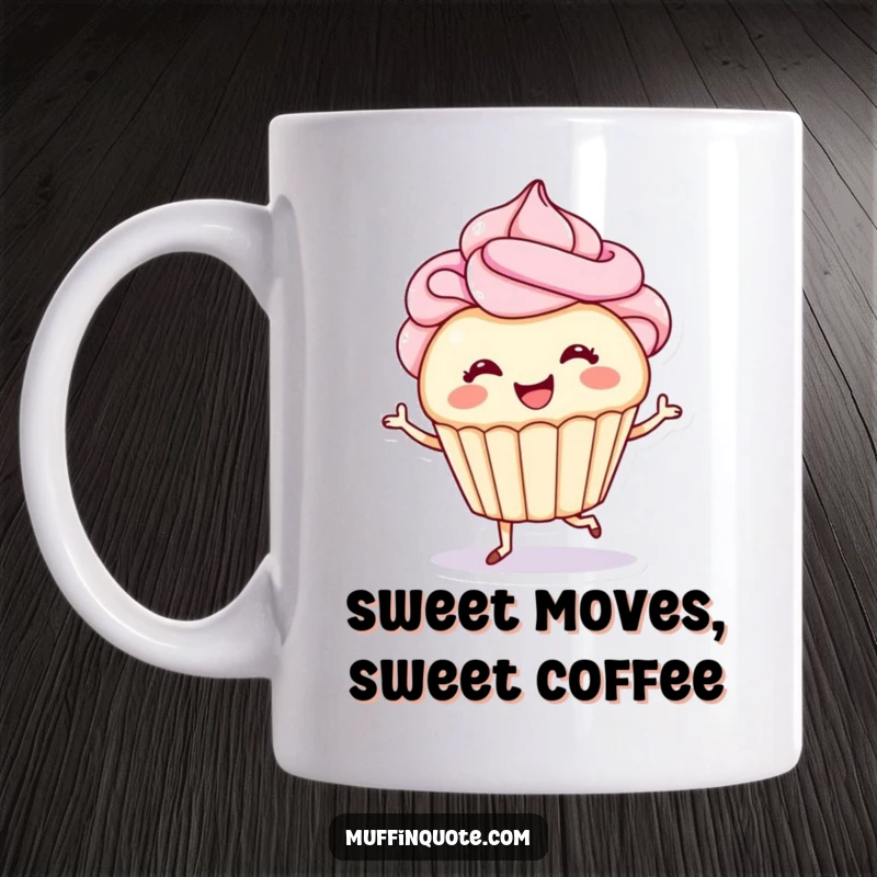 Funny smiling cupcake mug with frosting hair tap-dancing happily, symbolizing sweet joy and energetic fun for a delightful gift.