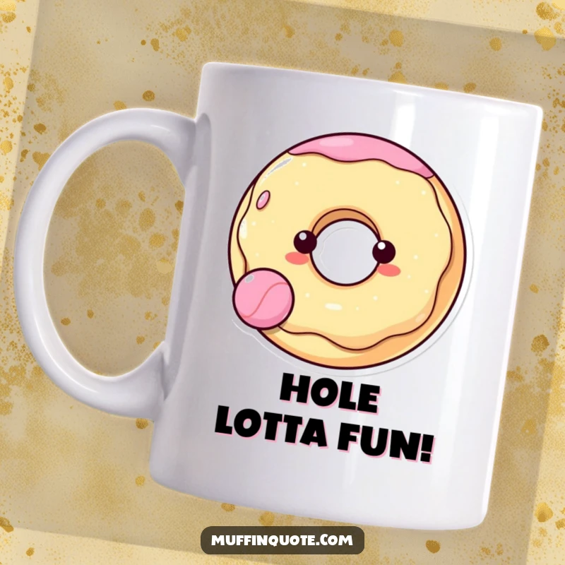 Funny donut character with a hole gleefully bouncing a ball, bringing energetic joy to this cheerful mug design.