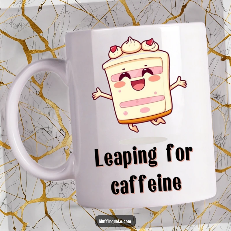 Funny mug with a happy slice of cake character joyfully leaping in the air, embodying pure celebration and delight.