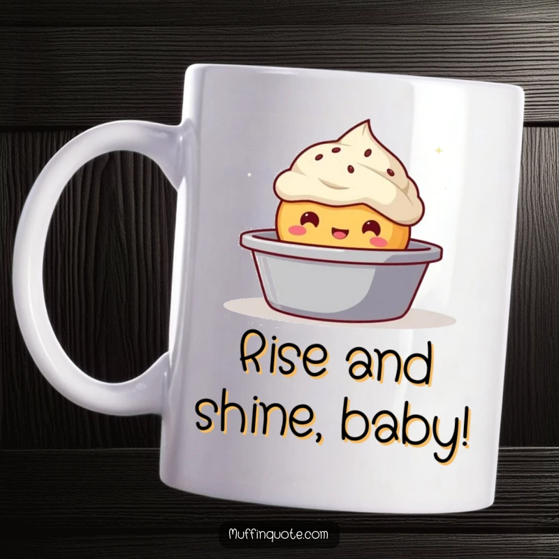 Funny bubbly muffin character popping excitedly out of a baking tin, a cute and humorous design.