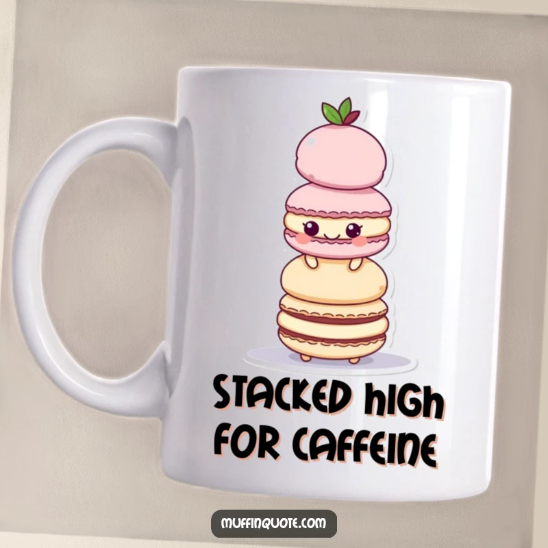 Funny Mug: A playful macaroon character stacks itself high, creating a colorful and cheerful tower.