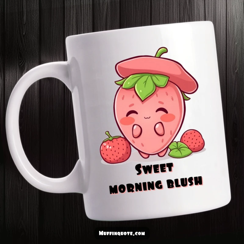 Funny Strawberry Shy Mug showing a blushing character hiding behind leaves, perfect for fruit lovers and as a funny gift.