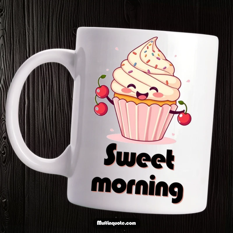 Funny smiling cupcake character juggling cherries with sprinkles flying, a whimsical and sweet design.