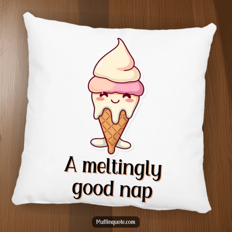 Funny melting ice cream cone pillow, a soft and plush design showing a happy character melting, ideal for sofas.