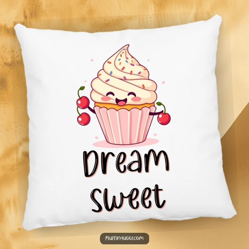 Funny pillow with a smiling cupcake character juggling cherries with flying sprinkles, soft and cheerful comfort.