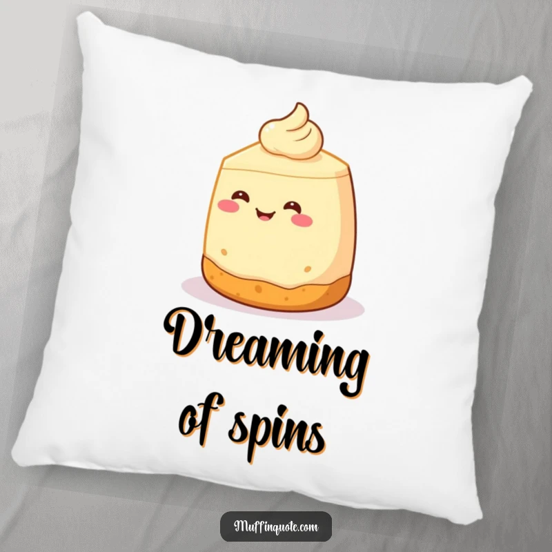 Funny Pillow: A smiling cheesecake character with a crust base is depicted in a playful spin, offering soft comfort and dessert-themed humor.