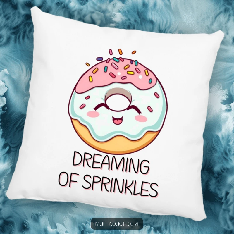 Funny donut pillow showcasing a giggling character with playful sprinkles, offering cuddly humor and comfort.