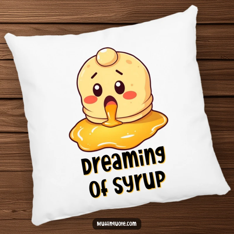 Funny pancake pillow depicting a surprised character looking gleefully at syrup, offering soft comfort and breakfast themes.