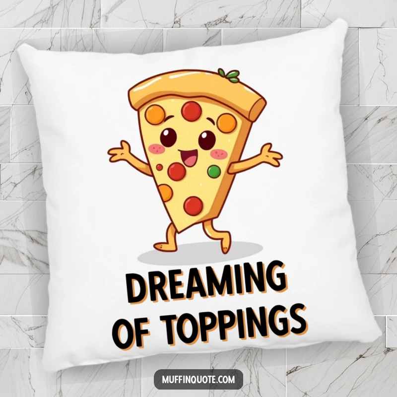 Funny pizza slice character with toppings dancing a jig, a soft and humorous throw pillow.